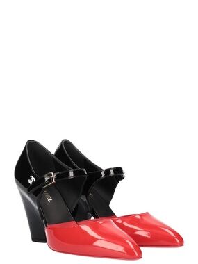 CHANEL Black and Red Patent Mary Jane Wedge Pumps